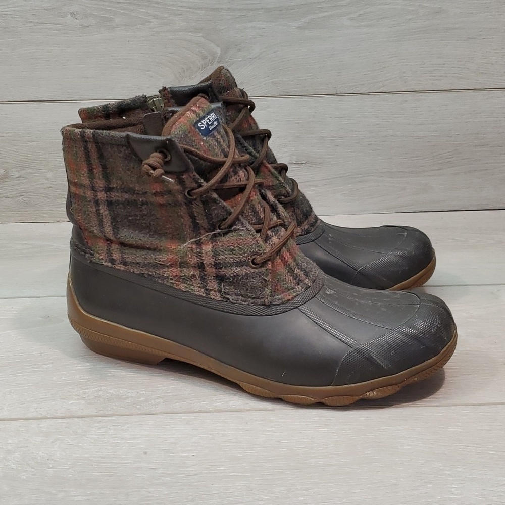 Sperry Womens Saltwater Plaid Duck Rubber Waterproof Boots shoes sz 10